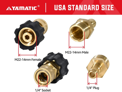 YAMATIC Pressure Washer Adapters, M22 14mm Male to 1/4" Plug and Female to 1/4" Socket, 5000 PSI Quick Connect