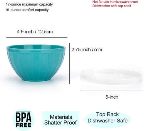 Melamine Bowls with Lids - 15oz 5-inch Cereal/Salad/Prep Bowls, Set of 6 in 6 Assorted Colors | Shatter-Proof and Chip-Resistant Dishwasher Safe, BPA Free by KX-WARE