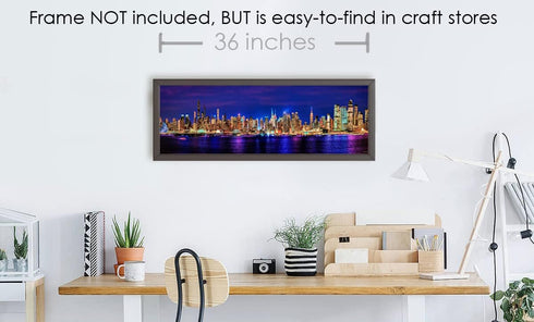 New York City 2022 Manhattan Midtown Skyline Photo Print, Unframed, Night Color, 11.75 x 36 inches