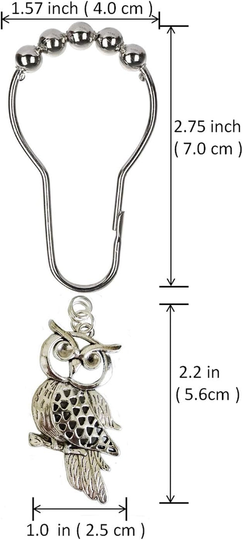 Country Shower Curtain Hooks Set of 12 - Rust Proof Brushed Nickel Rings with Owl Pendant Accessories