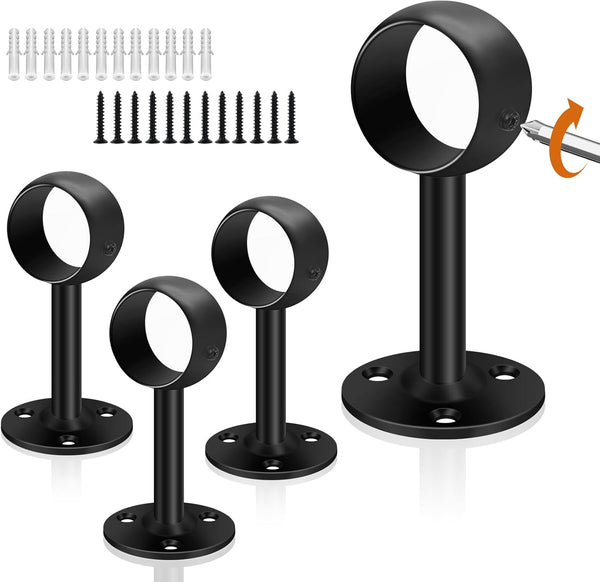 Ceiling Curtain Rod Brackets, Heavy Duty 1-1/4 Inch Black Holders for Wall Closet Rods, 4 Pack