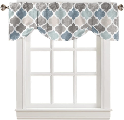 Hostline 42"x12" Valances Curtains for Living Room Retro Blue Moroccan Geometric Pattern Semi Sheer Valance for Windows
