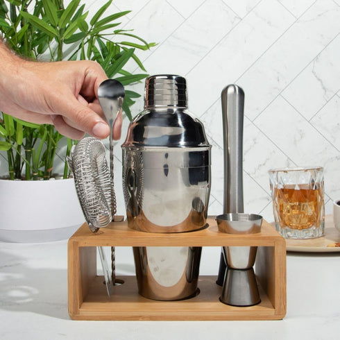 Set 4-Piece Set Premium Cocktail Shaker with Bamboo Stand, Bar Tools Kit, Stainless Steel Bartender with Shaker