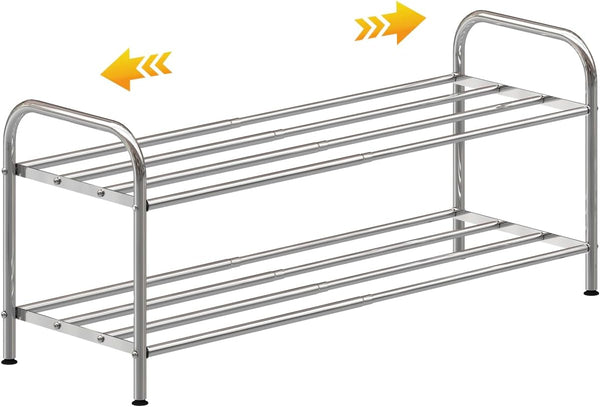 2-Tier Expandable Shoe Rack - 100% Stainless Steel,4-Rod Extendable & Adjustable Feet