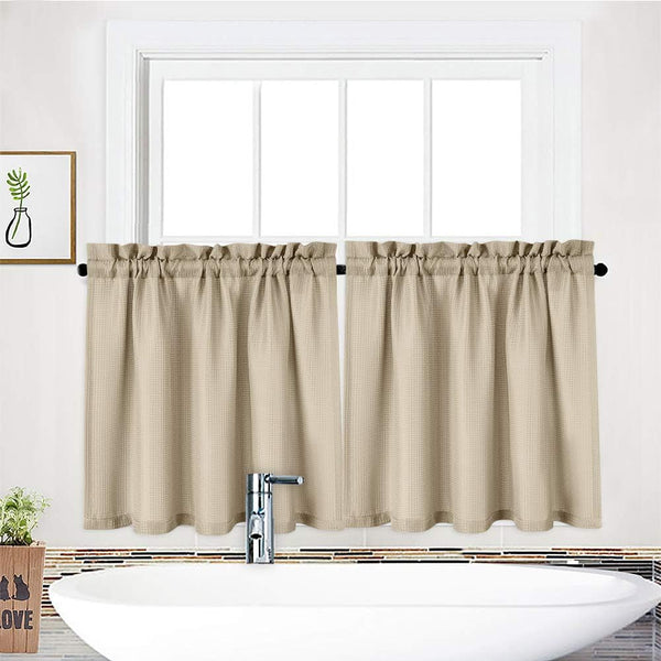 Tier Curtains, Waffle Woven Textured Short Curtains for Bathroom, Waterproof Window Covering, 30" x 36", Plaza Taupe,