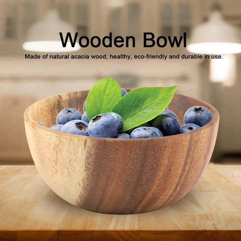Yosoo Natural Hand-Made Solid Wood Bowl, Classic Large Round Acacia Wood Salad Soup Dining Bowl, 16x7 cm