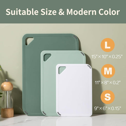 Plastic Cutting board Set of 3-Cutting Boards for Kitchen BPA Free, Large-Small Chopping Boards Non-Slip for Cooking Camping Dishwasher Safe, Reversible, with Grip Handle, 15"×10"×0.6" Green by thetchry