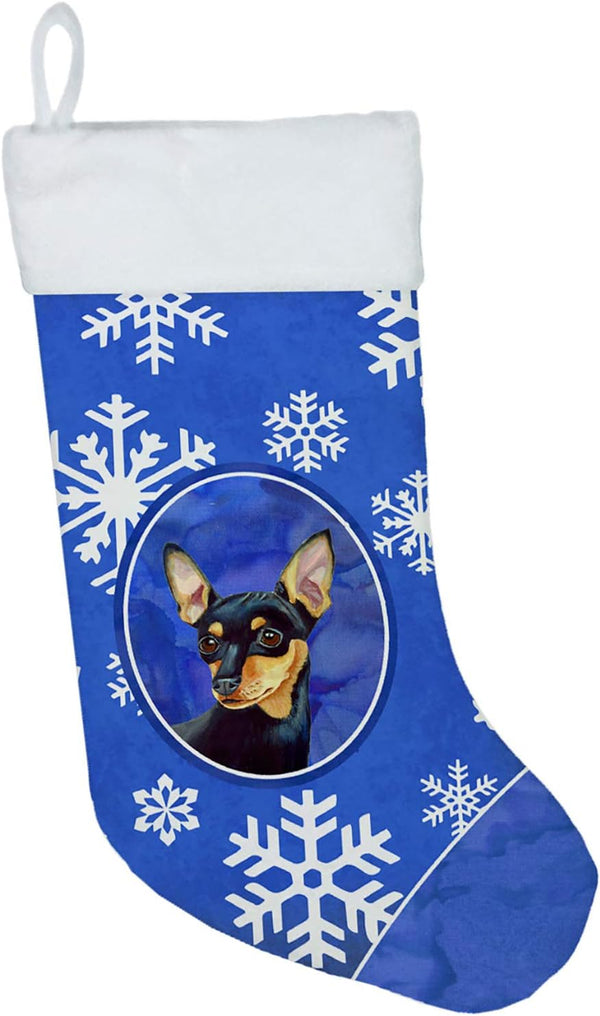Caroline's Treasures LH9290-CS Min Pin Winter Snowflakes Holiday Christmas Stocking, Fireplace Hanging Decor