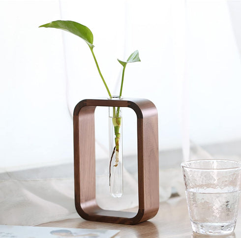 TREELF Transprent Glass Vase Test Tube Vase Hydrophilic Plants Vase Plant Holder Walnut Wooden Frame Flower Stand Table