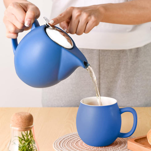 Yundu 32 ounce Blue Porcelain Tea Pot, Stainless Steel Lid and Fine Infuser for Loose Leaf Tea