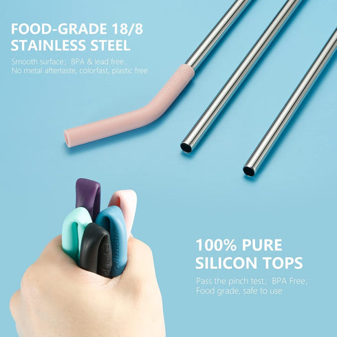 Senneny Set of 5 Stainless Steel Straws with Silicone Flex Tips, 2 Cleaning Brushes, and 1 Portable Bag (Silver)
