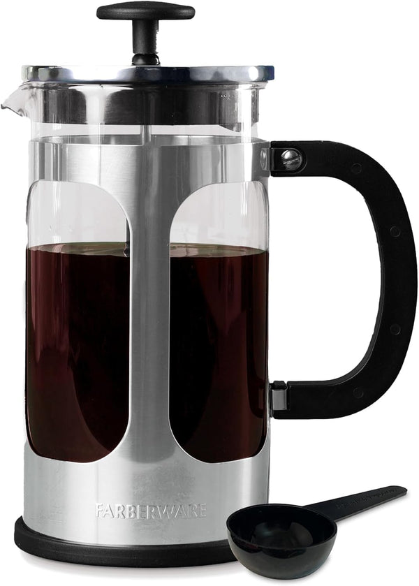 Farberware French Press Coffee Maker, 8 Cup Capacity, Stainless Steel Cold Brew Press, Borosilicate Glass