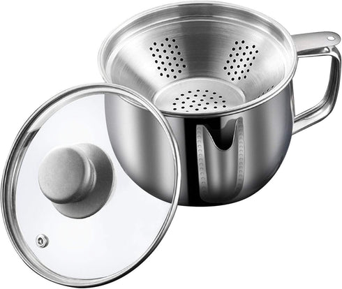 Stainless Steel 4 Cup/1000ML Fat Separator with Strainer and Glass Lid, Soup Oil Separator Cup for Cooking, Kitchen Oil