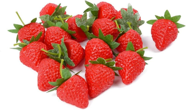 VIDELLY 20 Pieces Artificial Strawberries, Lifelike Red Realistic Plastic Fruit for Kitchen Party Decoration, Photo