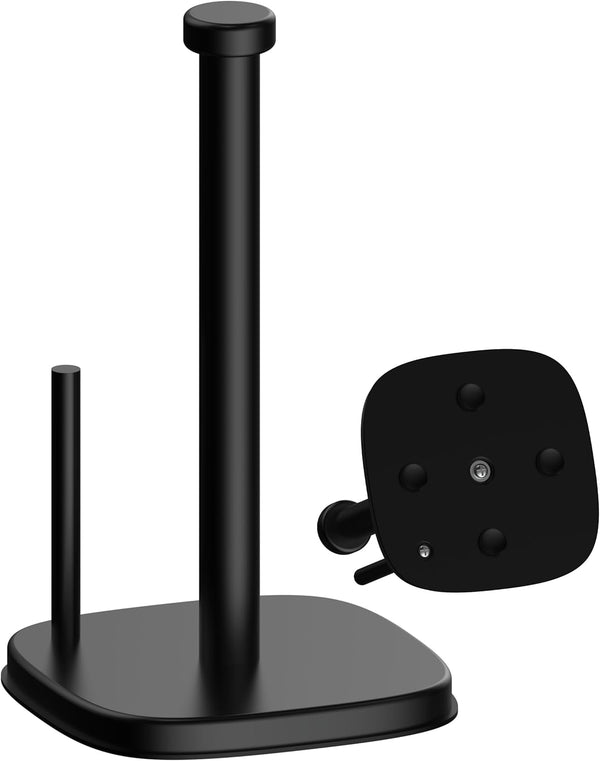 Paper Towel Holder Countertop, Standing Roll Holder for Kitchen Bathroom with Weighted Base & Suction Cups (Matte Black)