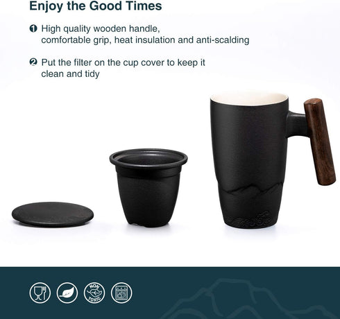 400ml/13.5oz suyika Tomotime Ceramic Tea Cup with Infuser and Lid Tea Mugs Wooden Handle Black