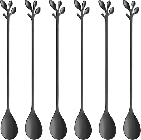 AnSaw Long Handle 7.4-Inch Leaf Teaspoons Set, 6 Pcs Black Stainless Steel