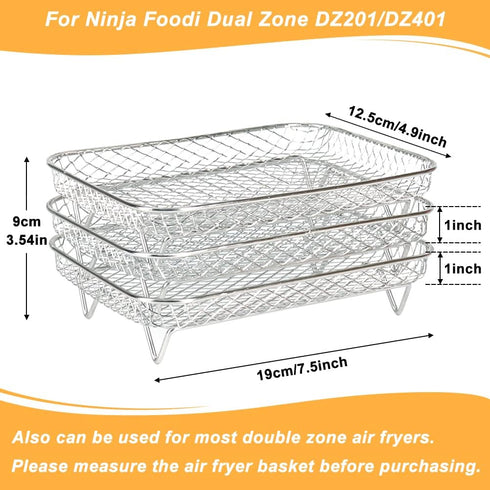 BYKITCHEN Air Fryer Rack for Ninja Dual Air Fryer, 3pcs Stackable Stainless Steel Dehydrator Rack, Rectangle Air Fryer Racks Compatible with Double Air Fryer, Ninja Dual Air Fryer Accessories by BYKITCHEN