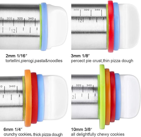 Rolling Pin and Pastry Baking Mat Set, Rolling Pins with Adjustable Thickness Rings, Stainless Steel Dough Roller for Baking Fondant, Pizza, Pie, Pastry, Pasta, Cookies (Red Mat) by QUELLANCE