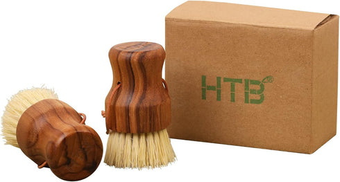Teak Dish Scrub Brush 2PCS by HTB, Good Grip Small Wooden Dish