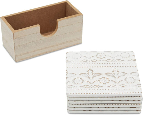 Set 6-3.8 Juvale Wooden Coasters of in, White, Square, Farmhouse Style - Coaster Holder for Coffee Table & Bar Decor