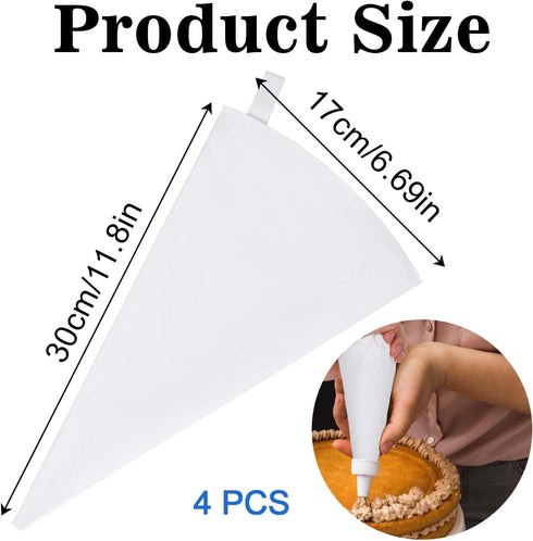 4 Pack Canvas Cloth Piping Bags Reusable Pastry Bags Fabric Icing Bags, Tipless Piping Bags for Baking, 12 inch Cake Piping Bags Cake Decorating Bags Icing Piping Bags (White)