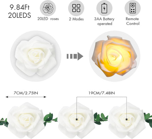 20LED 10Ft VIPMOON Artificial Rose Flower String Lights, Flower Fairy Light Battery Operated with Remote Control, Warm