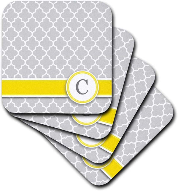 3dRose Your Personal Name Initial Letter C Monogrammed Grey Quatrefoil Pattern, Set of 4 Ceramic Tile Coasters