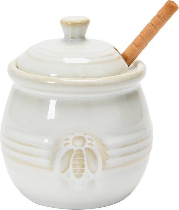 Creative Co-Op Farmhouse Embossed Stoneware Honey Pot with Wood Honey Dipper, White