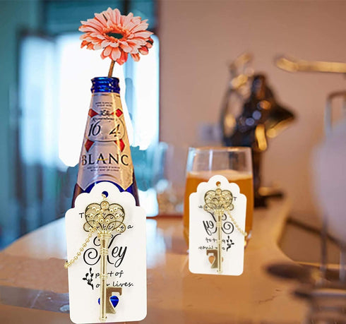WODEGIFT 20 PCS Vintage Skeleton Key Bottle Openers - Wedding Favors with Tag Cards and Key Chains (Gold)