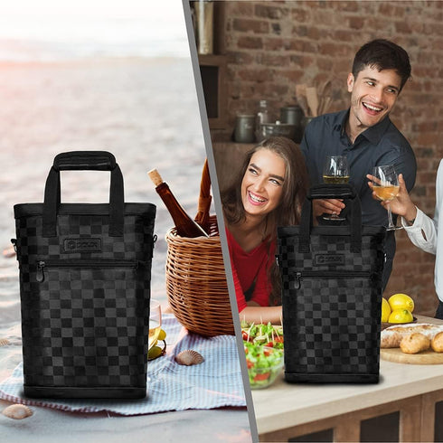 OPUX Insulated 2 Bottle Wine Carrier Tote, Leakproof Wine Cooler Bag for BYOB Picnic, Portable Wine Case, Checker Black