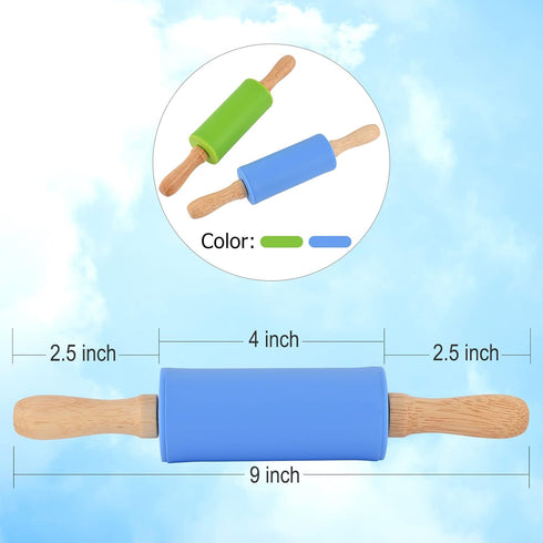 Mini Silicone Rolling Pin for Kids, Non-stick Surface Wood Handle, 2 Pack, 9 Inch