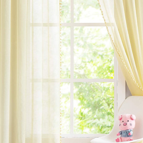 84 inch 2 Treatmentex Pom-pom Sheer Curtains for Living Room, Long Yellow Curtain Drapes for Kids Room Panels Rod