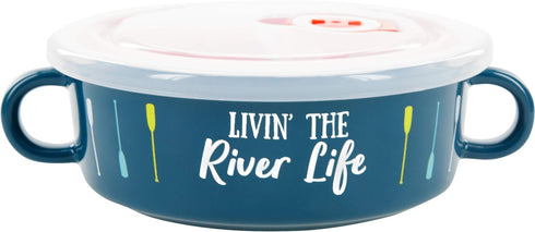 Pavilion Gift Company Livin' The River Life, 13.5oz Stoneware Snack Soup Bowl with BPA Free Lid, Blue