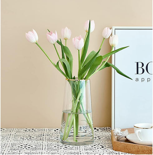 Moden Small Trapezoid Glass Vase with Gold Mouth for Home Wedding Centerpieces Decoration (4.7" x 8.7")