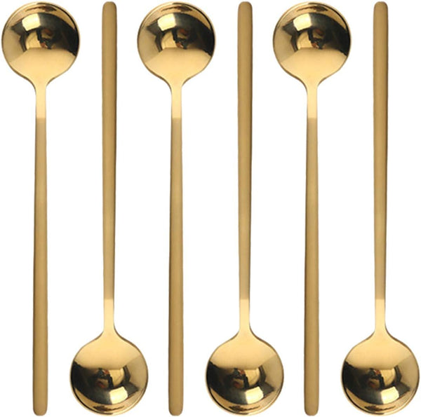 6 Pcs Stainless Steel Coffee Spoons, Round Dessert Spoons, Long Handle Spoons for Hot Chocolate, Ice Tea, Latte