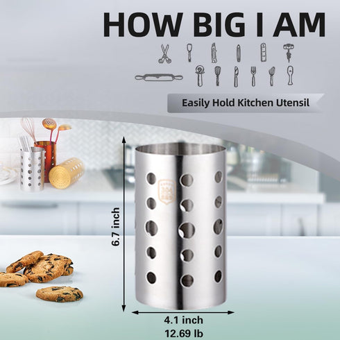 Stainless Steel Kitchen Utensil Holder (H6.7” x W4.1”), Caddy for Spatulas, Spoons, Silverware & More, Kitchen Decor