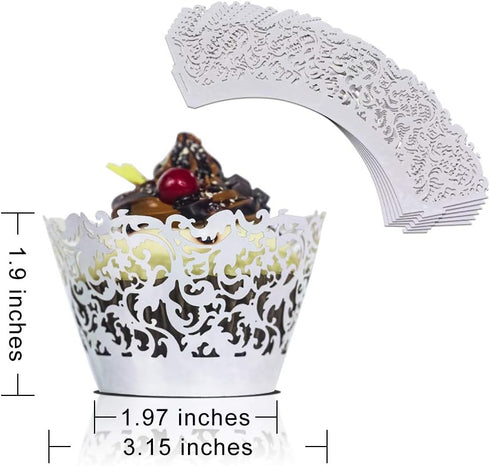 YOZATIA 60 Silver Vine Lace Cupcake Wrappers, Laser Cut Liners for Weddings and Special Events
