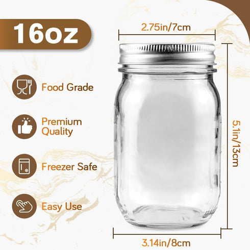 Leaflai 2 Pack 16oz Glass Mason Jars with Airtight Lids - Regular Mouth Canning Jars for Jam, Honey, Jelly, Pickling