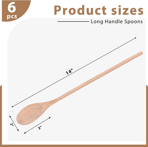 HANSGO 6PCS Long Handle Wooden Cooking Spoons, 14 Inch Long Wooden Spoons Wooden Tasting Spoons Large Cooking Spoons
