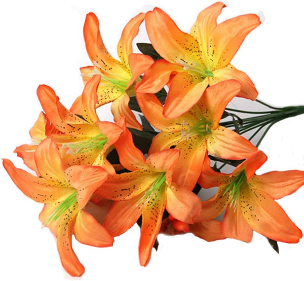 Artificial Lily - 10 Heads Fake Flower Bouquet for Wedding Party Decor, Home, Hotel, Office, Garden Craft Art (Orange)