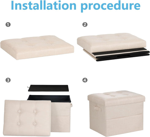 17x17x13 Inches, Bsketa Storage Ottoman Foot Rest, Folding Linen Cotton Ottoman with Storage with Side Pockets