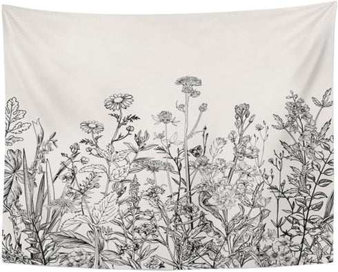 Emvency Tapestry Black and White Floral Border Herbs and Wild Flowers Botanical Wall Hanging 50" x 60" Print