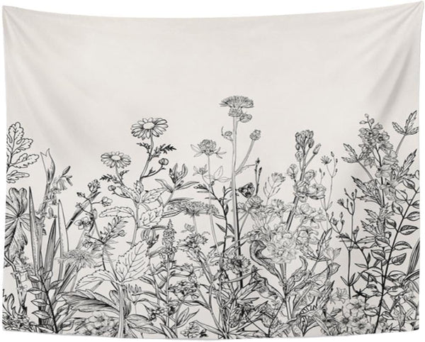 Emvency Tapestry Black and White Floral Border Herbs and Wild Flowers Botanical Wall Hanging 50" x 60" Print