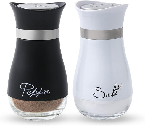 Lonffery Salt and Pepper Shakers Set - 4 oz Farmhouse Spice Dispenser with Glass Bottom, Black and White, Set of 2
