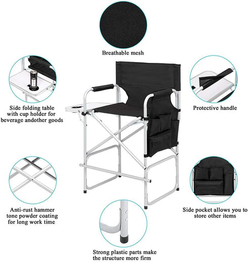 41'' 400LBS Tall Directors Chair, Portable Makeup Artist Chair with Side Table, Tall Folding Chair for Camping, Home