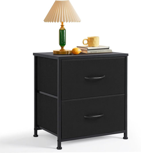 Nightstand, Small 2 Drawer Dresser End Table Bedside Furniture, Wooden Top Fabric