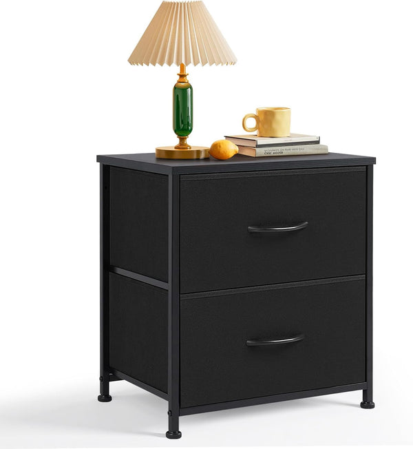 Nightstand, Small 2 Drawer Dresser End Table Bedside Furniture, Wooden Top Fabric