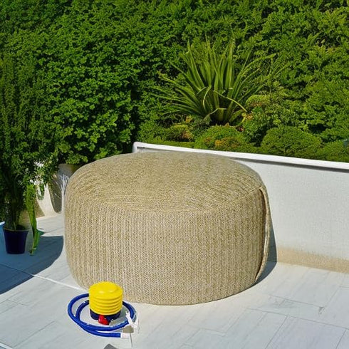 weruisi D21x H10 Woven Inflatable Ottoman with Air Pump Outdoor Indoor Pouf Patio Footrest Stool with Portable Handle