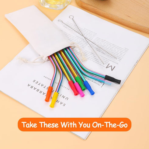 Lazycorner 16 Pcs Short Metal Straw - 6mm 5.5" 6.5" Kids Reusable Straws with Silicone Tips and Cleaner, Rainbow